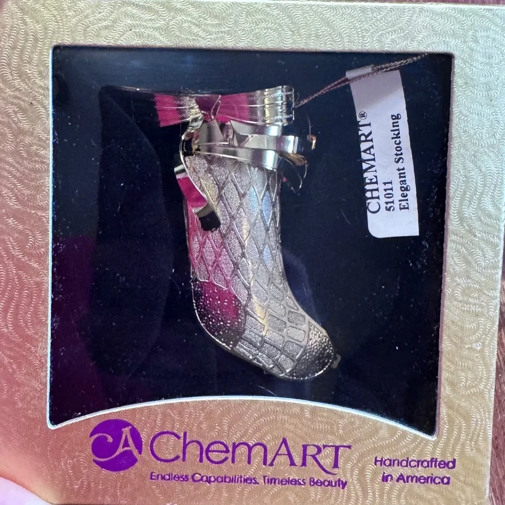 ChemArt Elegant Stocking Christmas Ornament 51011‎ Gold Tone Handcrafted USA Box